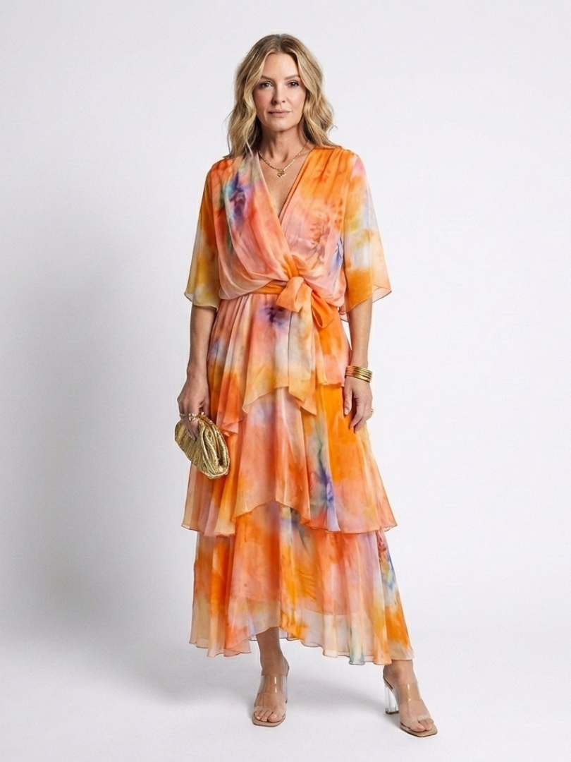 Calista | Sheer Layered V-Neck Maxi Dress with Tie Waist