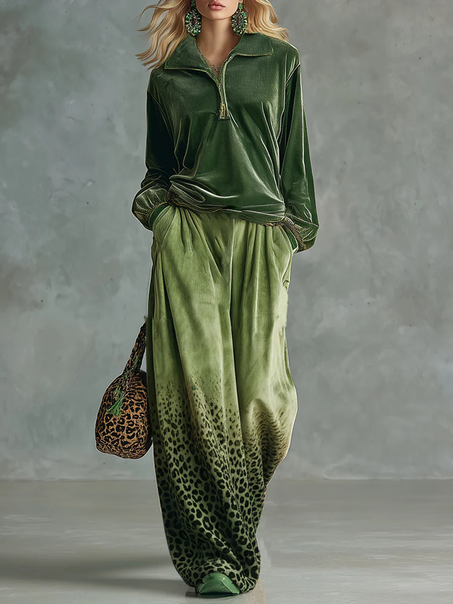 Retro Green Velvet Top And Leopard Print Wide-leg Pants Set
