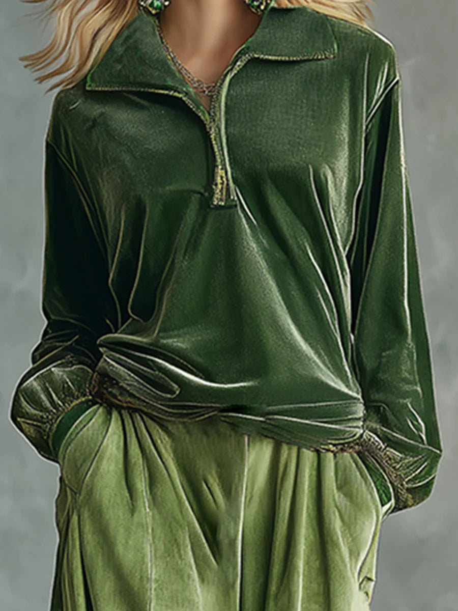 Retro Green Velvet Top And Leopard Print Wide-leg Pants Set