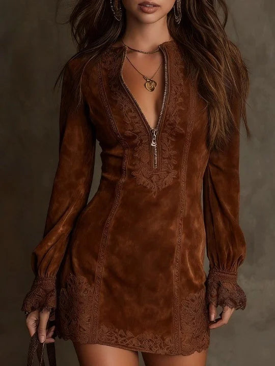Vélin™ | Aurora Suede Mini Dress with Lace