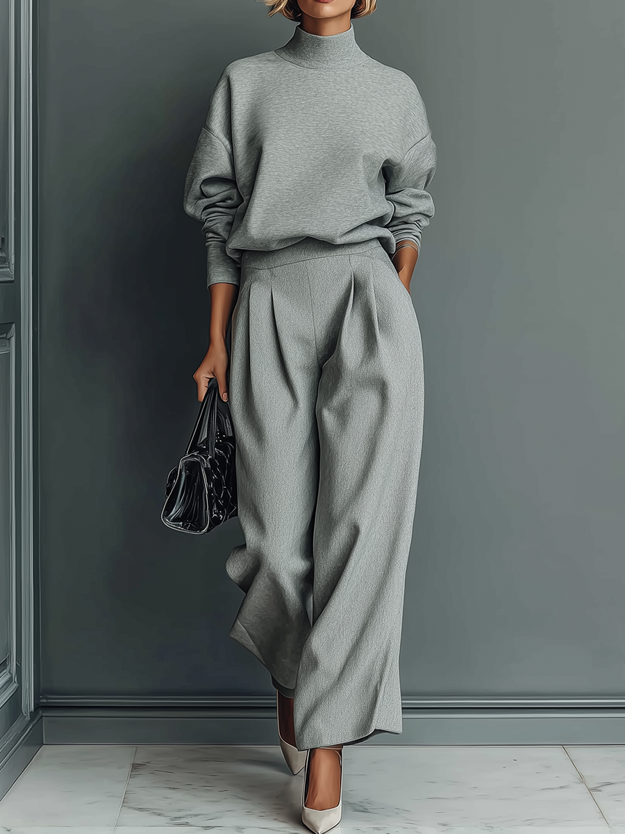Women's Grey Blended Sweatshirt Wide-Leg Pants Set