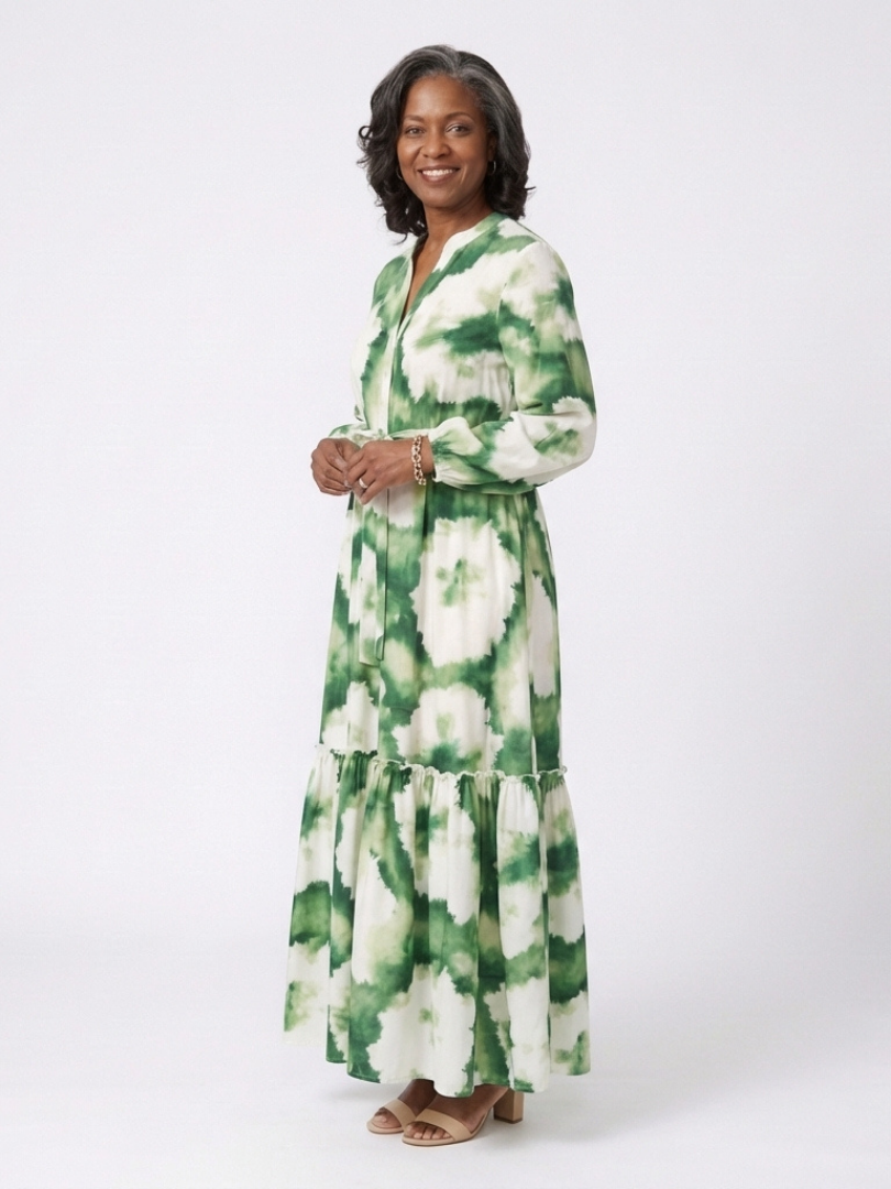 Sabine | Elegant Tiered Maxi Dress with Long Sleeves and Tie Waist