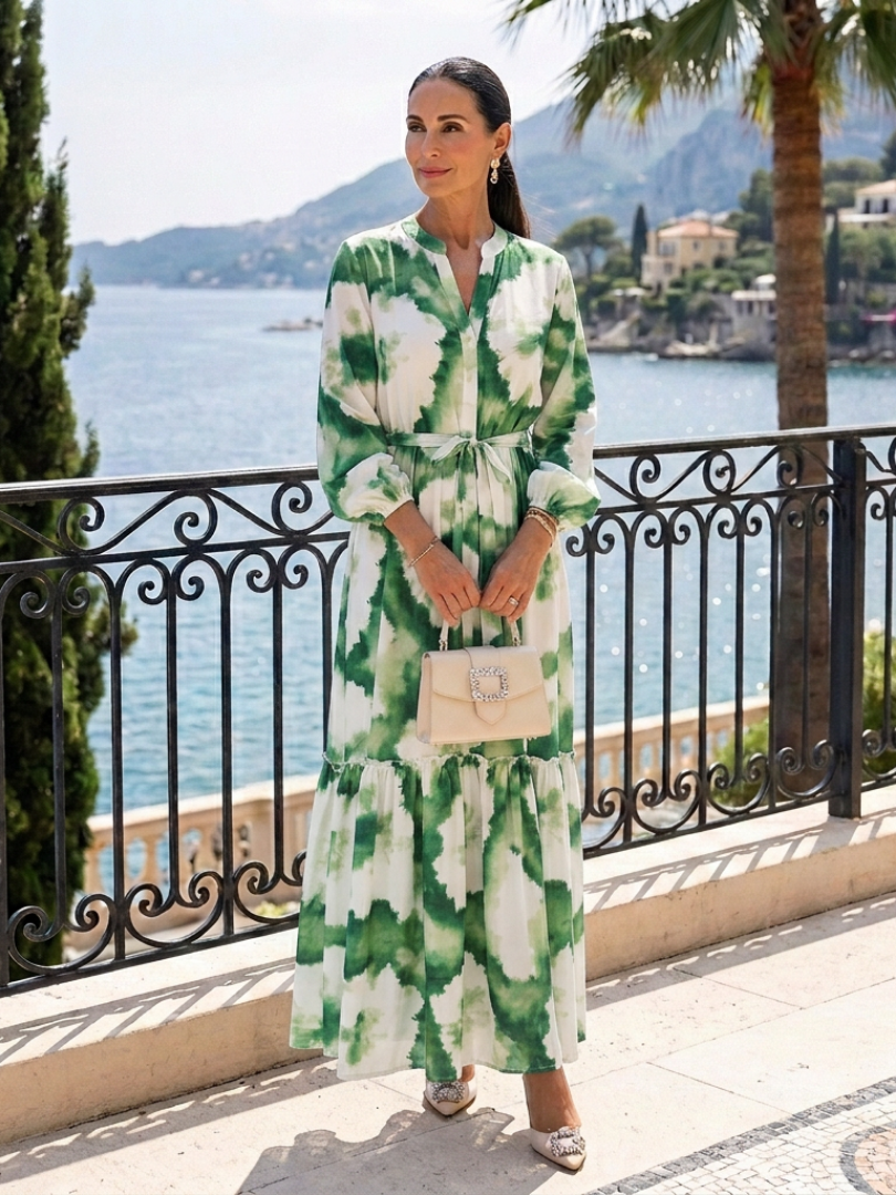 Sabine | Elegant Tiered Maxi Dress with Long Sleeves and Tie Waist