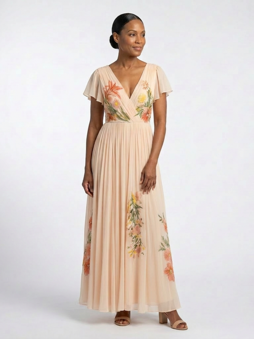 Calista Floral Pleated Maxi Dress with V-Neck