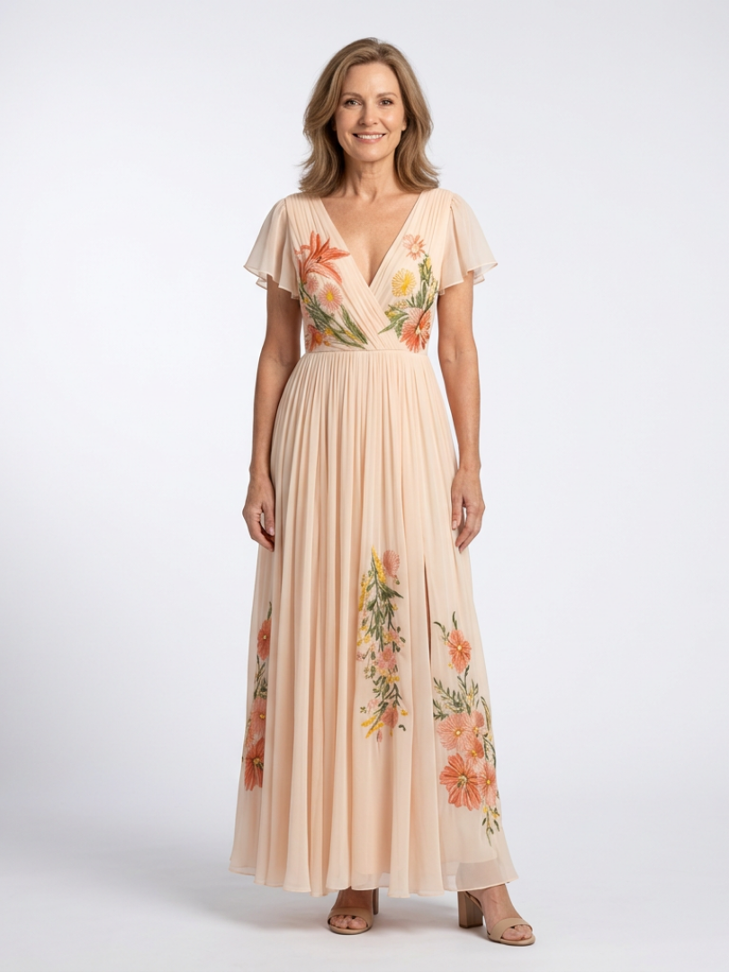 Calista Floral Pleated Maxi Dress with V-Neck