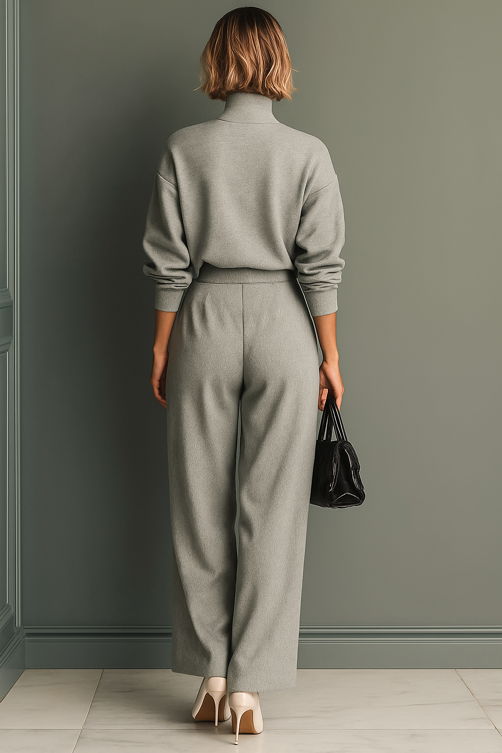 Women's Grey Blended Sweatshirt Wide-Leg Pants Set