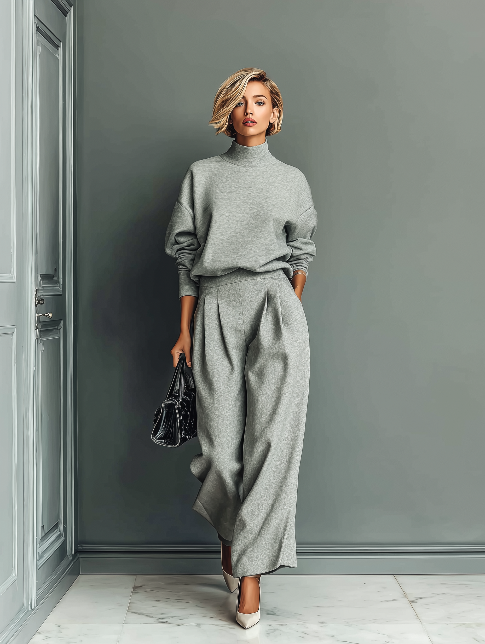 Women's Grey Blended Sweatshirt Wide-Leg Pants Set