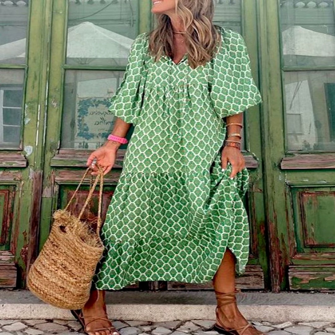 Apolline | Three Quarter Sleeve V Neck Patterned Midi Dress